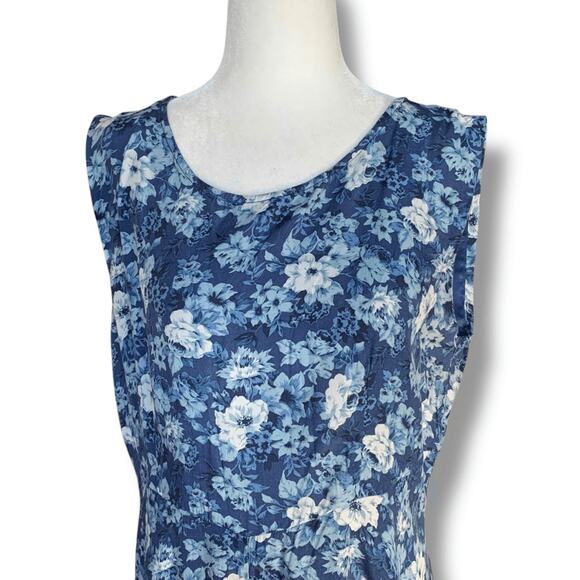 Vintage 90s Blue Floral Midi Dress Sleeveless Rayon A Line Medium Romantic - Picture 4 of 14